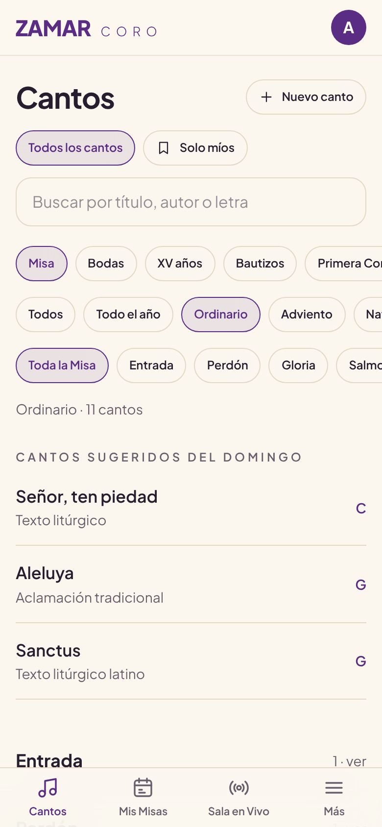 Pantalla de Cantos en Zamar, ordenados por tiempo litúrgico y momento de la Misa